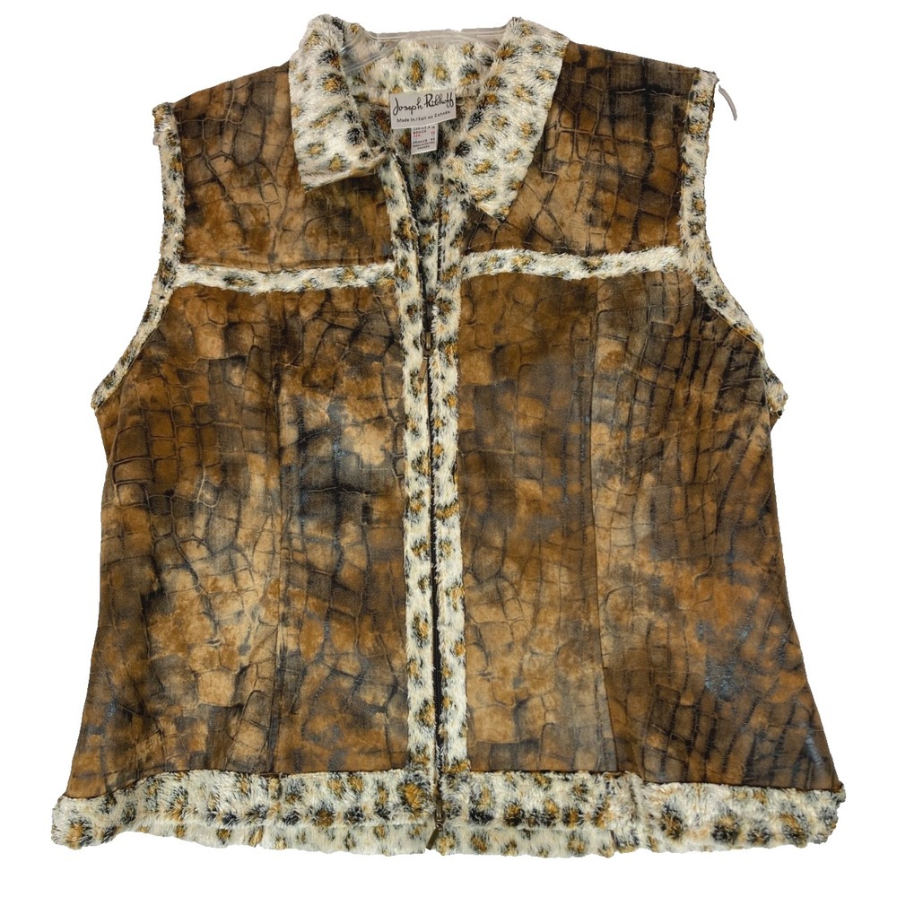 Joseph Ribkoff Full Zip Vest Womens Size 14 Brown Animal Print‎ Fleece Lined